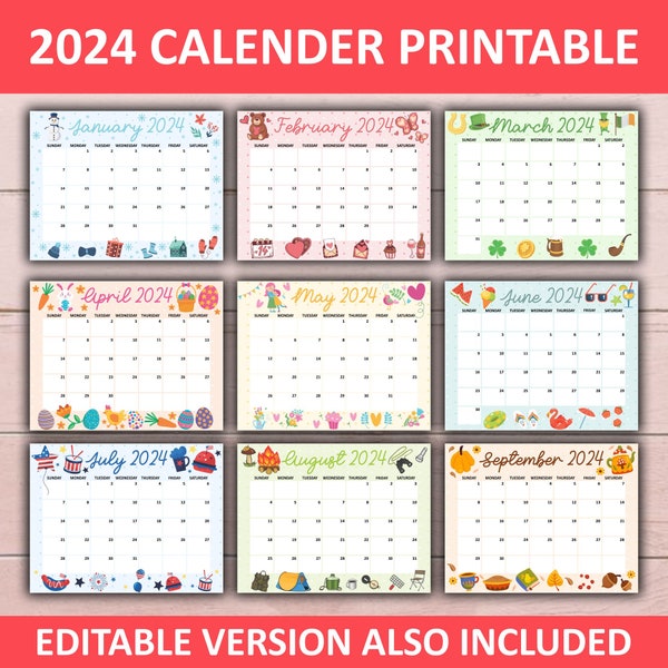 Calendar 2024 Printable, Kids Calendar 2024, Printable Calendar, Editable Calendar, 2024 Calendar, Academic Calendar, Kids Monthly Planner