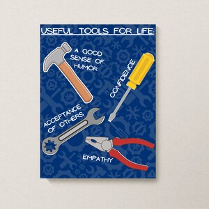 May include: A blue background with a white outline of various tools. The tools are labeled with words like "Confidence", "Acceptance of Others", "Empathy", and "A Good Sense of Humor".
