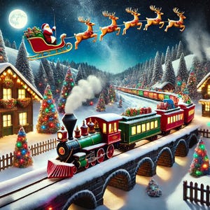 Peut inclure: Un train jouet rouge et vert avec un Père Noël dans un traîneau tiré par des rennes volant au-dessus. Le train traverse un village d'hiver enneigé avec des sapins de Noël décorés et des maisons.