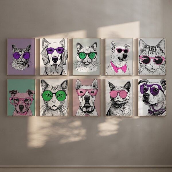 CATS & DOGS With GLASSES Bundle | Set of 10 | Digital Download Art Prints | Mega Bundle | Wall Art | Posters