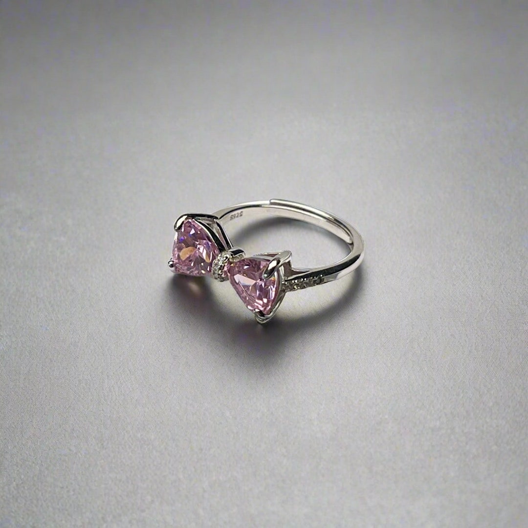 Pink Ribbon Bow Ring: Adjustable S925 Sterling Silver, Gemstone Detail ...