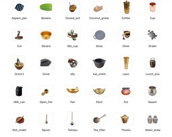 Adesivi digitali, illustrazioni e collezione di clipart di utensili indiani d'epoca