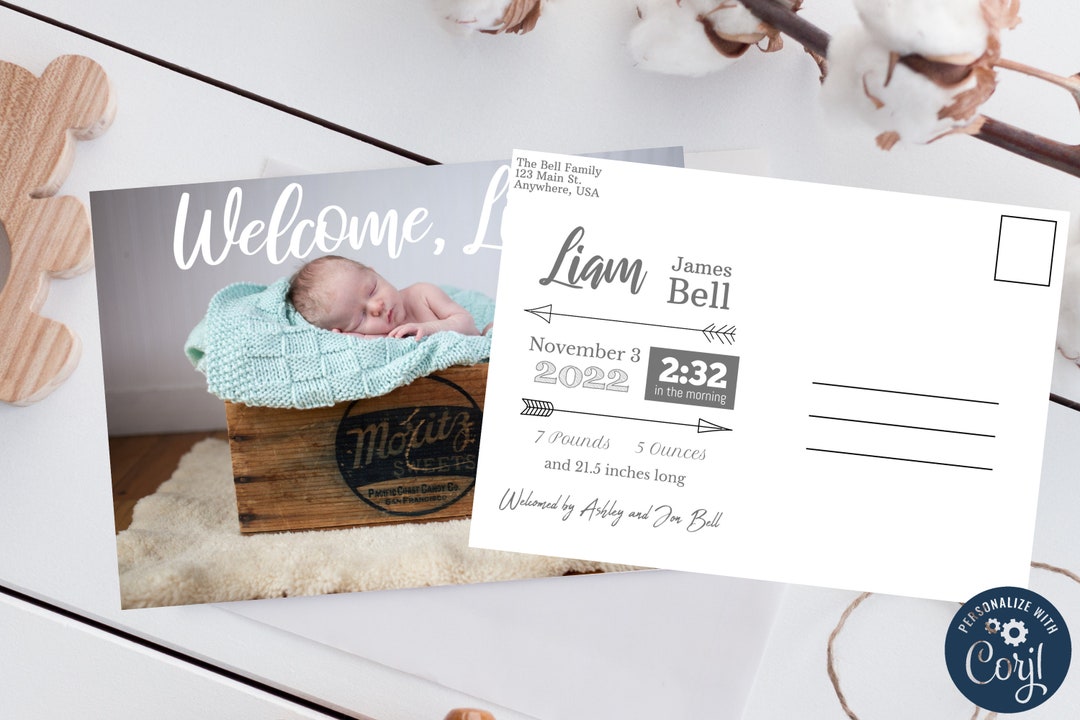Baby Birth Announcement Post Card Editable Digital Template Newborn