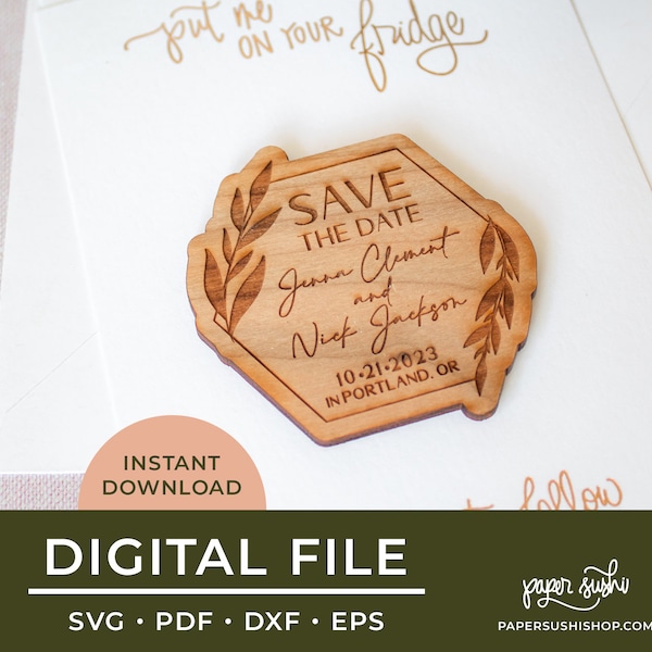 Leafy Hexagon Save the Date Magnet Template Laser Ready Cut File