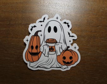 Cute Ghost With Coffee Sticker, Cute Ghost Reading Sticker, Water Bottle Sticker, Kindle Sticker, Laptop Sticker, Spooky Sticker, Halloween
