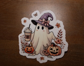 Cute Ghost With Coffee Sticker, Cute Ghost Reading Sticker, Water Bottle Sticker, Kindle Sticker, Laptop Sticker, Spooky Sticker, Halloween