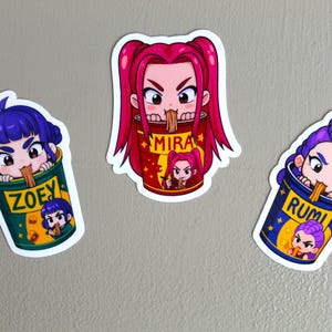 Kpop Demon Hunters Stickers | Rumi Noodles | Mira Noodles | Zoey Noodles, Saja Boys Sticker, Derpy Tiger Stickers, Kpop Sticker, KPDH