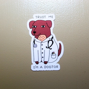 May include: A red dog wearing a white doctor's coat with a stethoscope and the text "TRUST ME I'M A DOGTOR" on a white background.