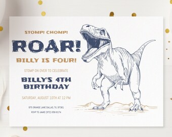 T-Rex Stomp Chomp Roar Dinosaur Fourth 4th Birthday Party Personalized Invitation Customizable DIY Instant Download