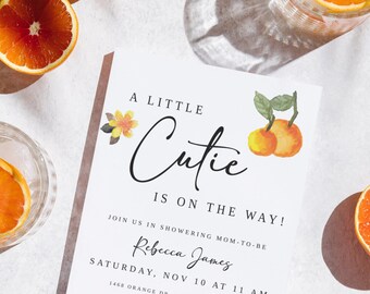 A Little Cutie Orange Baby Shower Personalized Invitation Customizable DIY Instant Download