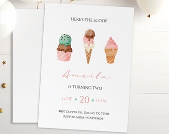 Ice Cream Here's The Scoop Birthday Party Personalized Invitation Customizable DIY Instant Download