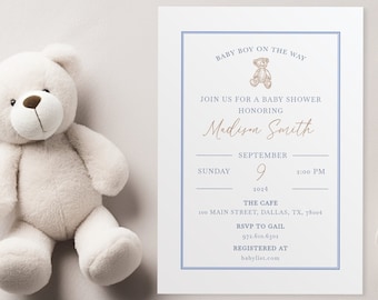 Classic Teddy Bear Baby Shower Invitation Neutral Blue Modern Customizable DIY Instant Download