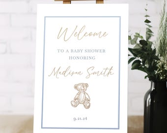 Classic Teddy Bear Baby Shower Welcome Sign Neutral Blue Modern Customizable DIY Instant Download