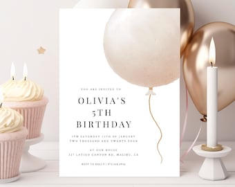 Neutral Modern Blush Balloon Girl Birthday Party Personalized Invitation Customizable DIY Instant Download