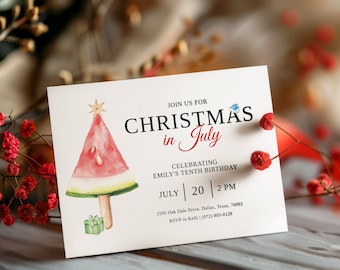 Christmas in July Birthday Party Personalized Invitation Customizable DIY Instant Download