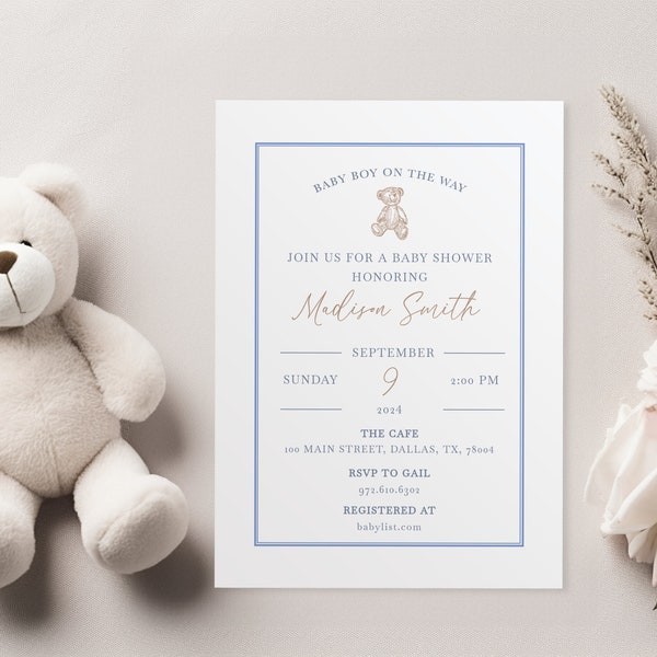 Classic Teddy Bear Baby Shower Invitation Neutral Blue Modern Customizable DIY Instant Download