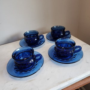 Vintage Blue Glassware Cup and Saucer Set by Tiara Imperial Blue Kings Crown Thumb Print Cobalt Blue Glassware Vintage Drinkware Tea Lover