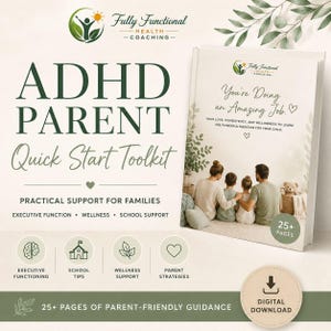 Può includere: Libro ADHD Parent Quick Start Toolkit con il testo "You're Doing an Amazing Job." La copertina presenta un'illustrazione familiare. Il libro offre un supporto pratico alle famiglie, tra cui la funzione esecutiva, il benessere e il supporto scolastico. È un download digitale con più di 25 pagine.