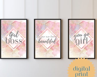 Room Decor For Teens, Wall Decor For Girls, Pink Teen Girl Wall Art Prints, Digital Download Wall Art Trendy Set of 3