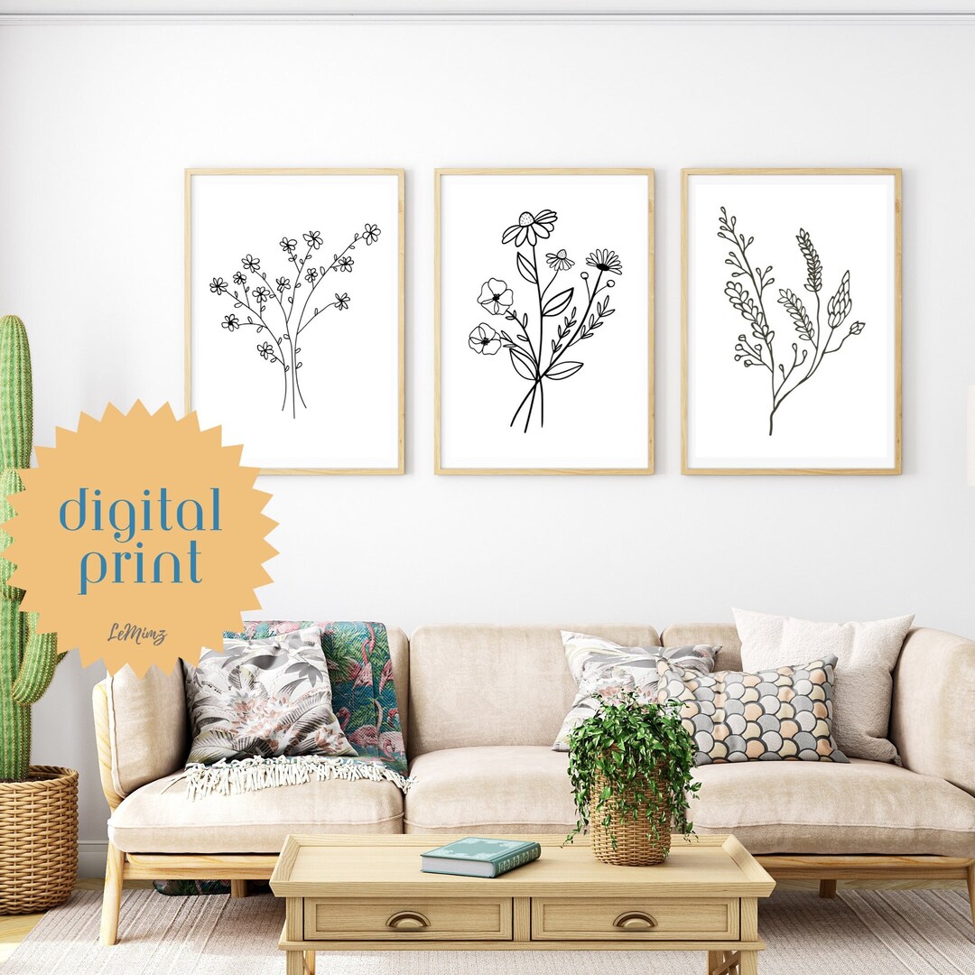 Set of 3 Printable Wall Art - Flower Line Art Print/wall Decor/poster ...