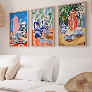 Coffee Pots, Modern Kitchen Decor, Illustration, Coffee Lover Artful Relaxation Wall Art, Home, Spanish flair. Set of 3 Digital Downloads.