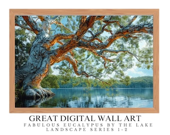 May include: A framed digital wall art print depicting a large eucalyptus tree with gnarled branches reaching over a still lake. The tree is in the foreground, with the lake and a forest in the background. The colours are muted and natural, with shades of blue, green, and brown.