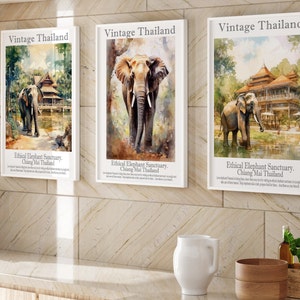 Digital Wall art Instant downloads, Vintage Ethical Elephant Sanctuary, Chiang Mai, SET 3 -Set of 3 Heritage Art, Charming-Unique Thailand.