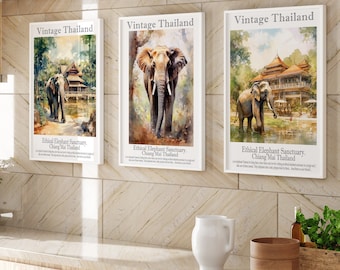 Digital Wall art Instant downloads, Vintage Ethical Elephant Sanctuary, Chiang Mai, SET 3 -Set of 3 Heritage Art, Charming-Unique Thailand.