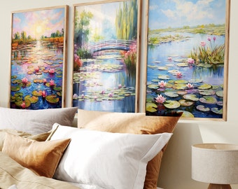 Claude Monet Set 3 Printable, Vintage Painting Wall Art Impressionism Digital Download Style Monet 'Bridge over Pond Water Lilies" Set12