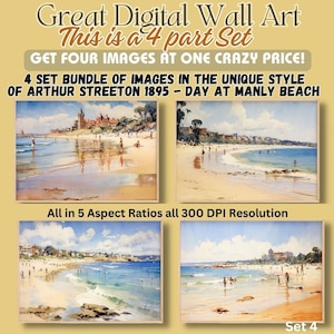 Special LANDSCAPE DIGITAL WallArt Set of 4 Easy Download the style Arthur Streeton, Manly Beach, 1895, Art Reproductions Amazing Value Set 3