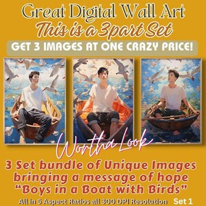 Puede incluir: Un conjunto de tres impresiones digitales de arte de pared que muestran a un joven en un bote con pájaros volando por encima. La obra de arte está pintada en un estilo realista con colores vibrantes. El texto "Boys in a Boat with Birds" está incluido en la imagen.