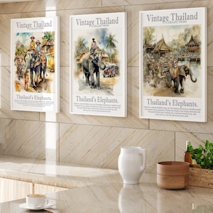 Digital Wall art, downloads, Vintage Elephant Watercolor Print SET 2, Set of 3 Thai Elephant Heritage Art, charming, Unique Thailand History
