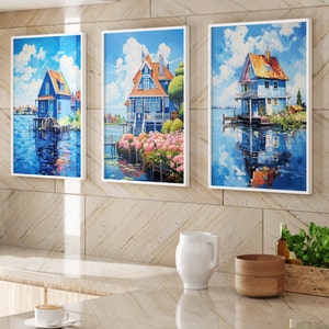 Claude Monet Set3 Printable Posters Vintage Painting WallArt Impressionism Digital Download Style Monet Abstract Blue Houses set 20