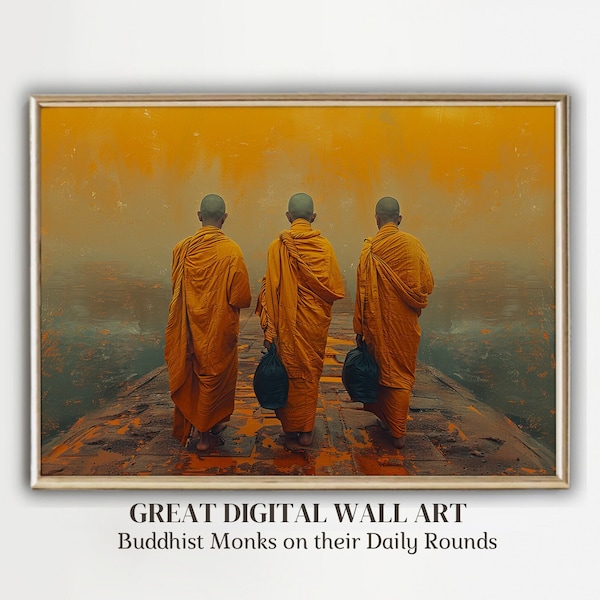 Morning Tranquility: Embrace the Serenity of Buddhist Monks. Dawn Rituals." Wonderful Unique Wall Art, instant D-load 3 Buddist Monks set 4