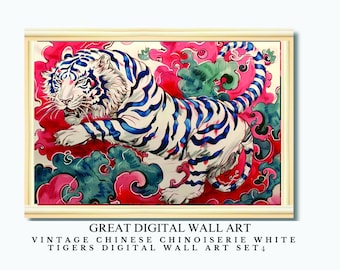 Puede incluir: Una impresión digital de arte de pared vintage china de estilo chinoiserie que representa un tigre blanco. El tigre está representado en una pose de salto con rayas azules y blancas sobre un fondo rojo, rosa y verde.