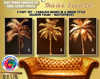Palmer GYLLENE Palmträd Väggkonst Set 3 Del, Vintage Palmträd Poster, Palmträd Digital Nedladdning, Tropisk Väggkonst, Boho Kust, Set4