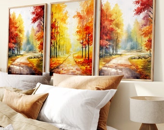 Autumn Forest Trail watercolourPrints set 3 HomeOffice Decor. Autumn Art. Instant Dload Fall Forest Gallery WallArt Autumn Leaves Set 1