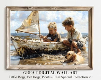 Boys Busy having fun Charming Download Art Boys Dogs Boats Oil Painting Digital, Vintage Antique Farmhouse DecorPrintable Wall Art Part 2