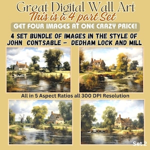 May include: A set of four digital art prints featuring a picturesque English countryside scene with a river, a mill, and a house. The prints are in the style of John Constable's "Dedham Lock and Mill".