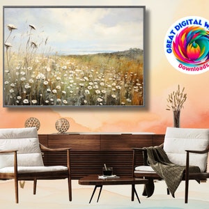 Vintage wildflower fields are so charming a landscape art piece. An instant digital download, file Printable Wall Art, Farmhouse Art Decor.