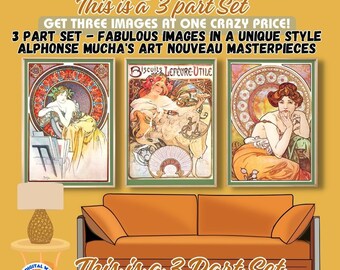 Conjunto de 3 imágenes imprimibles de Alphonse Mucha para exposiciones, conjunto de arte mural vintage imprimible, retrato Art Nouveau impreso, descarga digital S3