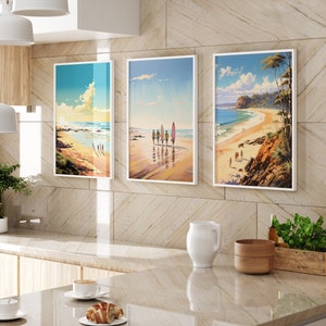 Sunny Surfing Trio, we call Surfs Up! Set 3. Digital Download Art Set of 3 images for Beach Lovers.Coastal print set, beach wall art, Stroll