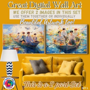 Puede incluir: Dos impresiones de arte de pared digital que muestran a un grupo de personas en un bote en un lago. Las impresiones están enmarcadas y se muestran en una pared amarilla sobre un sofá amarillo. El texto "This is a 2 part Set" es visible debajo de las impresiones.