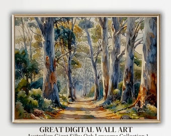 May include: A watercolour painting of a path through a forest of tall, slender trees. The trees are a light blue-grey colour with hints of brown and green. The path is a light brown colour and leads to a clearing in the distance. The painting is framed in a light wood frame.