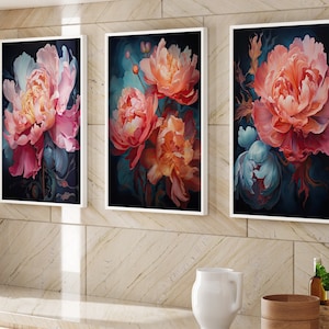 Hyper-realistic Peony (Rose) SET of 3 Fabulous Set 1. printable Wall Art Soft PEONY, Vintage, Farmhouse Style Wall Décor, Wall Art peony Art