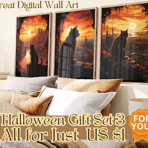 1 Dollar 3 Image SET Special OFFER! Halloween Wall Art, Charming Halloween &#39;Cat & the Castle&#39; Halloween Home Décor Instant Digital Download
