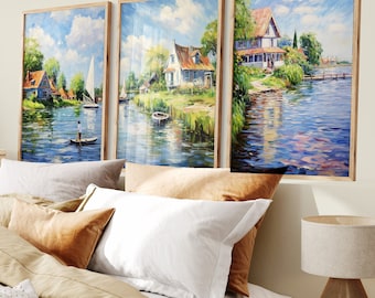 Claude Monet Set 3 Printable Vintage Painting Wall Art Impressionism Digital Download Style MONET Houses by the Bank of the River Zaan SET 8