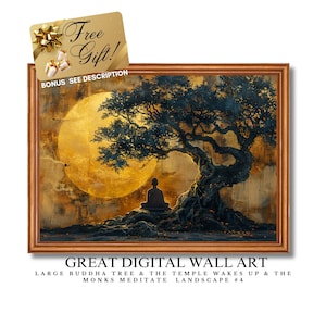 May include: Digital wall art featuring a large Buddha tree with a meditating figure under a full moon. The scene is set against a backdrop of a temple and mountains, with a golden glow emanating from the moon.