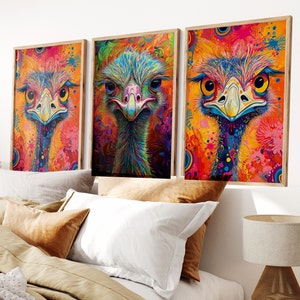EMU Crazy Ostrich Art, Download, Wandkunst, Wohnkultur, Australisches EWU Strauß Geschenk | Große Leinwand Kunst | Wildvogel Crazy Ostrich Set 1