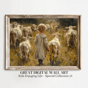 May include: A young girl in a white dress walks through a field with a herd of white calves. The calves are walking in a line behind her, and the girl is looking down at them. The field is green and grassy, and there are trees in the background.